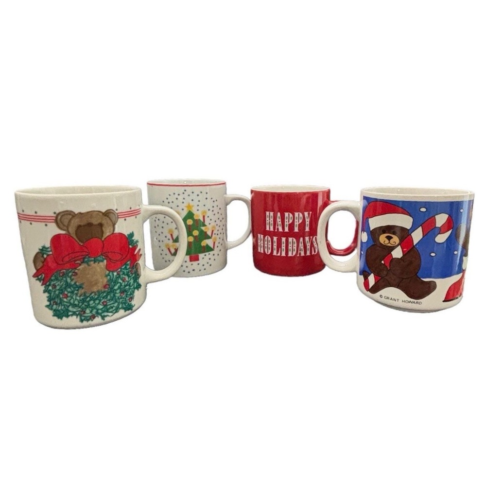Vintage Christmas Mugs Set of 4 Grant Howard Teddy Bear Tree Happy Holidays